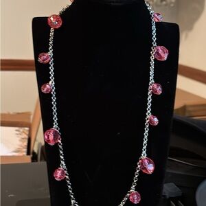 Pink Beaded Silver Chain Necklace